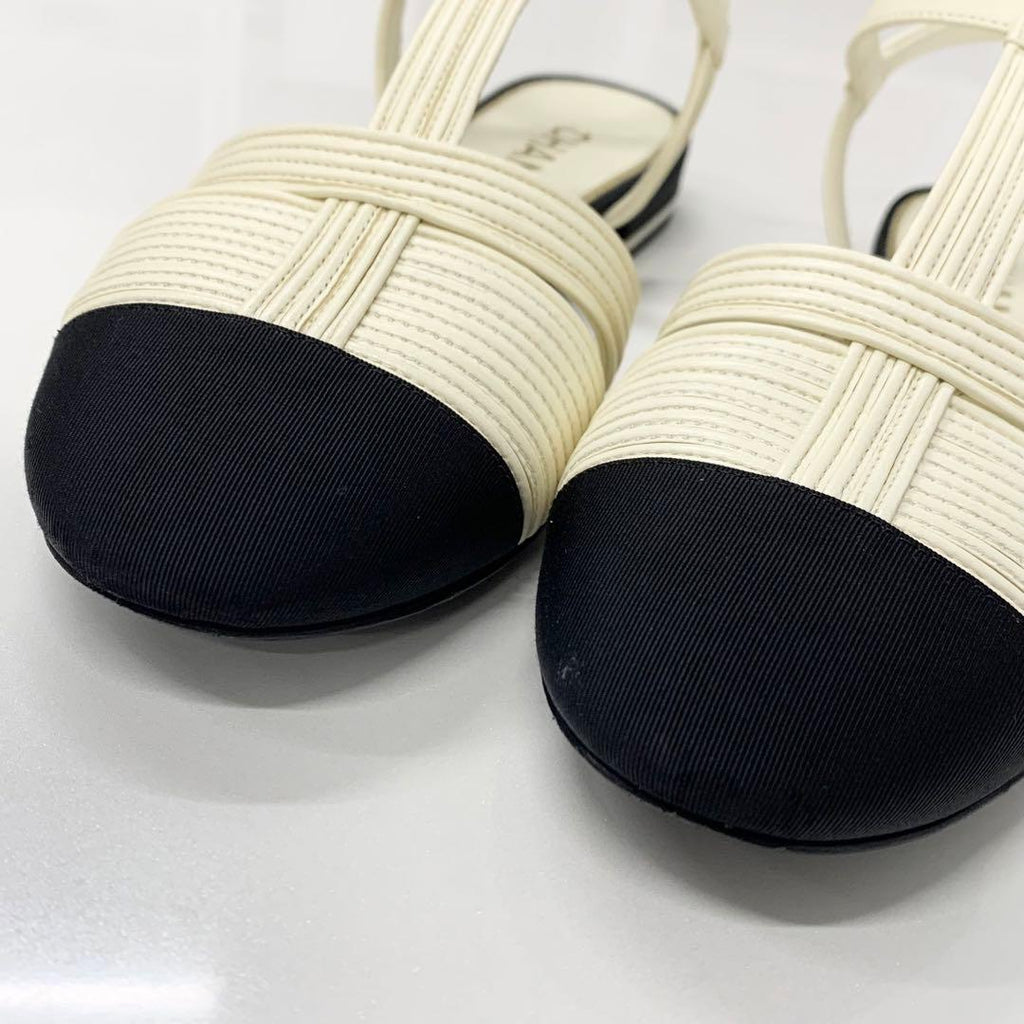 Chanel CC Logo Pearl Leather Fabric Strap Flat Shoes — view 9