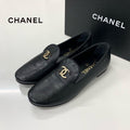 Chanel CC Logo Leather Rhinestone Pearl Flat Shoes Black