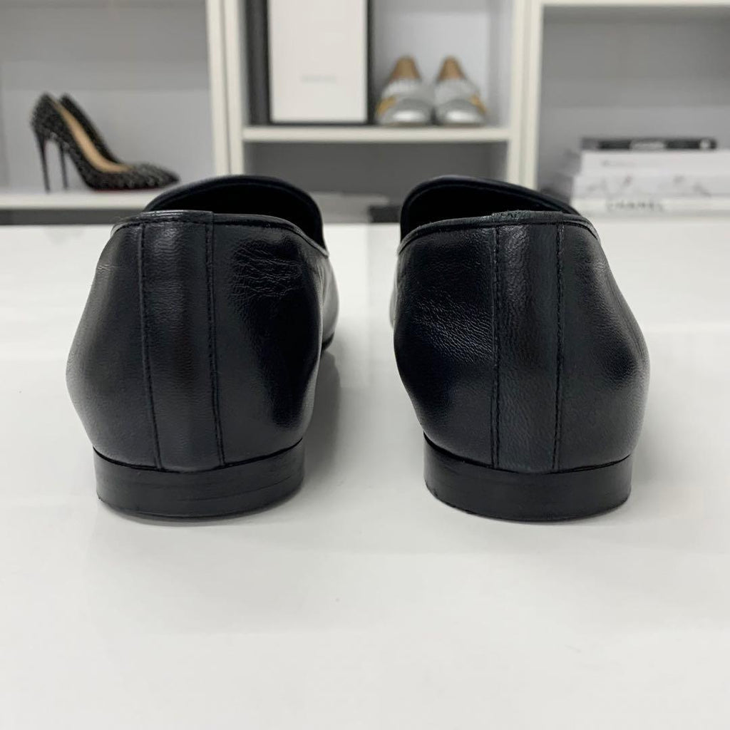 Chanel CC Logo Leather Rhinestone Pearl Flat Shoes Black — view 5