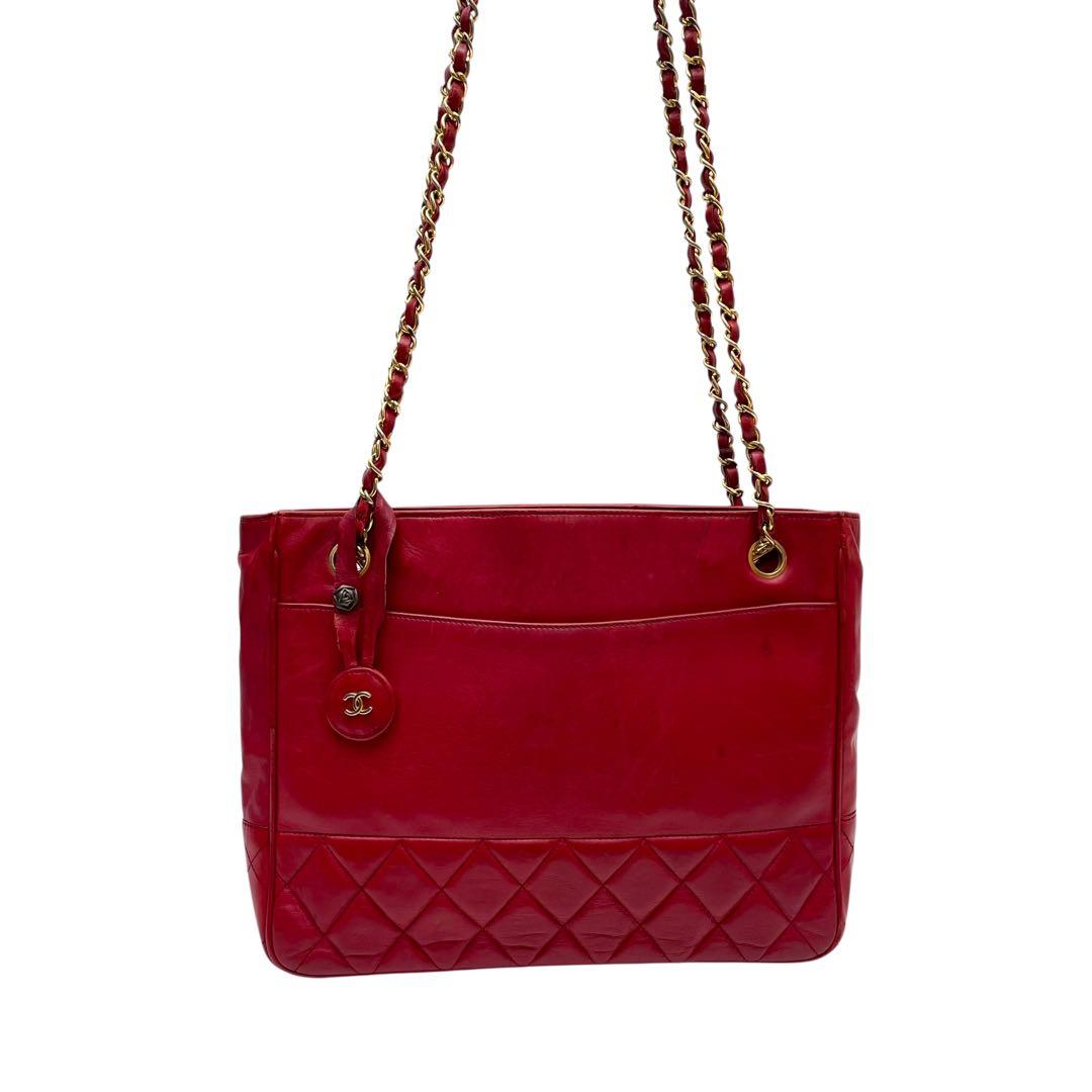 Chanel Quilted Lambskin Chain Shoulder Tote Red — view 2