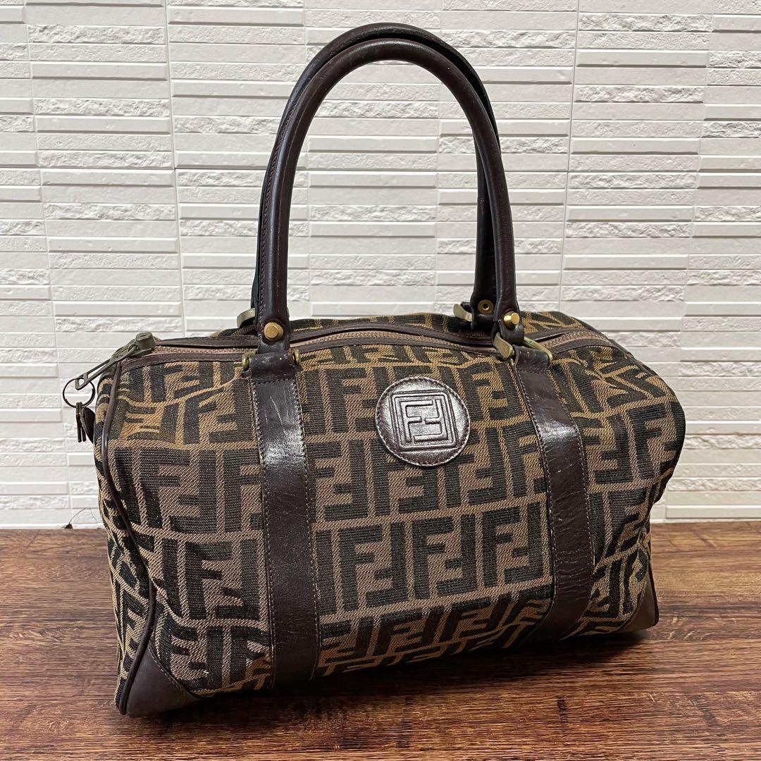 Fendi Zucca FF Canvas Leather Hand Boston Bag Brown