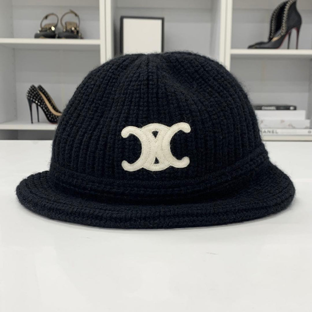Celine Triomphe Crochet Logo Knit Bucket Hat Black