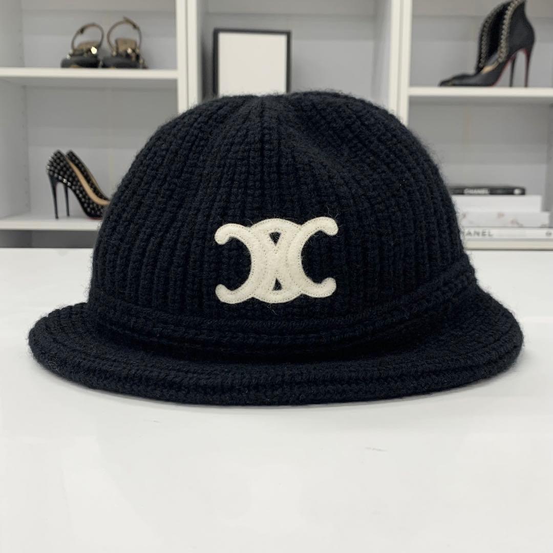 Celine Triomphe Crochet Logo Knit Bucket Hat Black