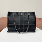 Chanel Choco Bar Leather CC Logo Chain Tote Black