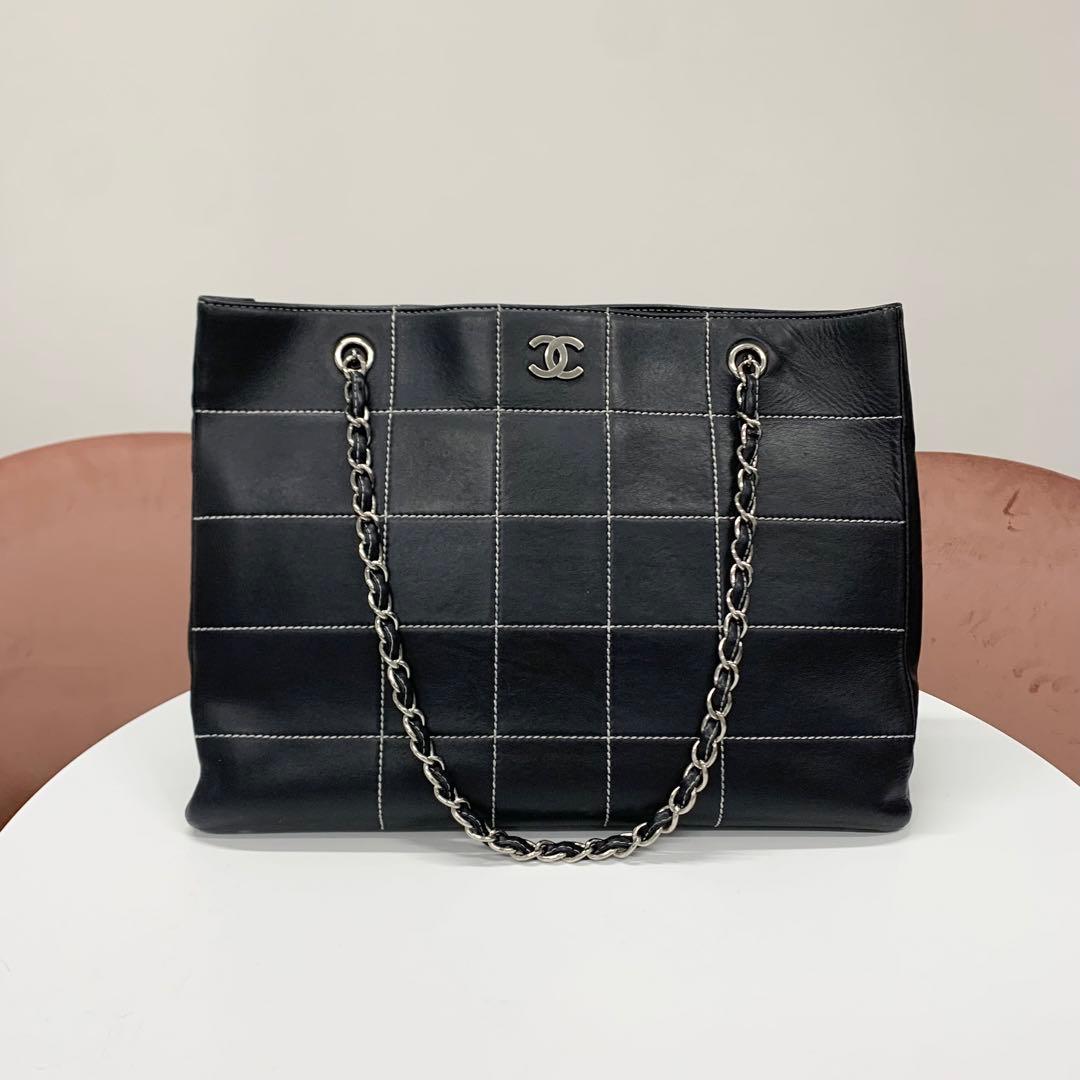 Chanel Choco Bar Leather CC Logo Chain Tote Black