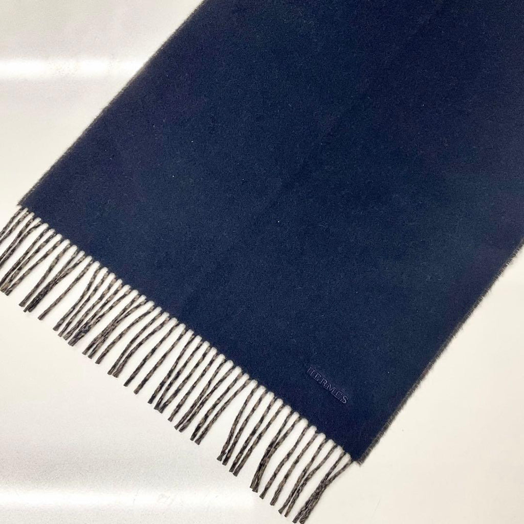 Hermes Logo Double Face Cashmere Scarf Shawl Navy Brown — view 3