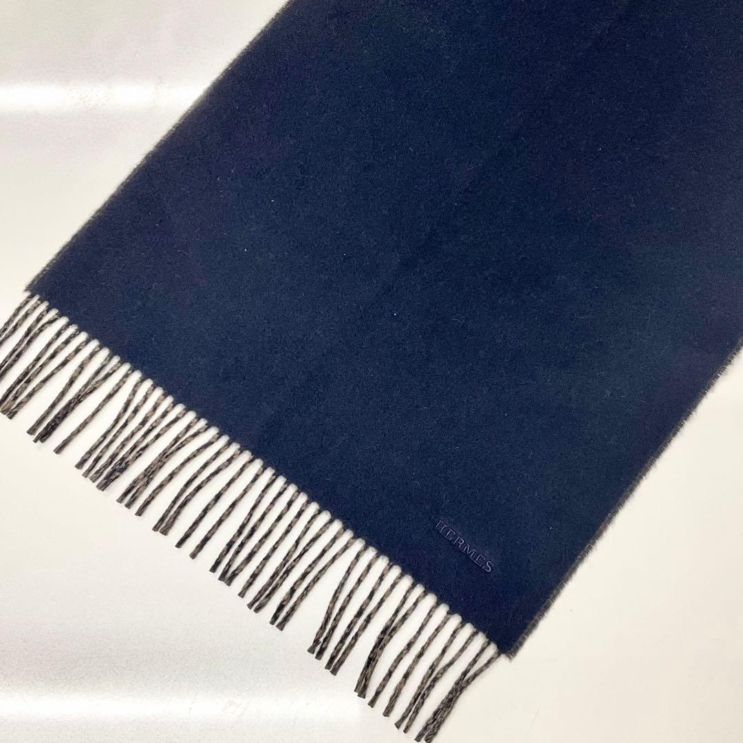 Hermes Logo Double Face Cashmere Scarf Shawl Navy Brown — view 3