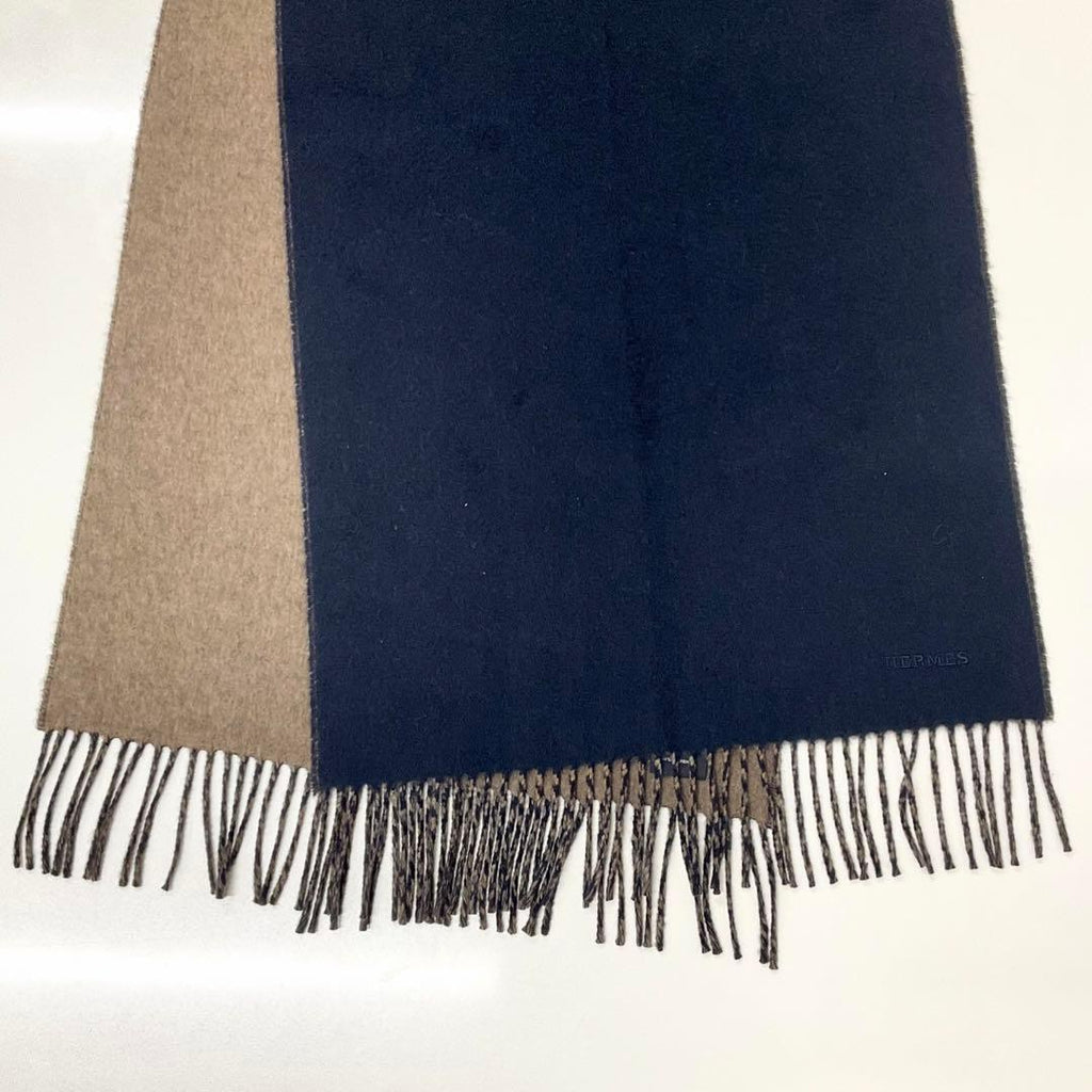 Hermes Logo Double Face Cashmere Scarf Shawl Navy Brown — view 5