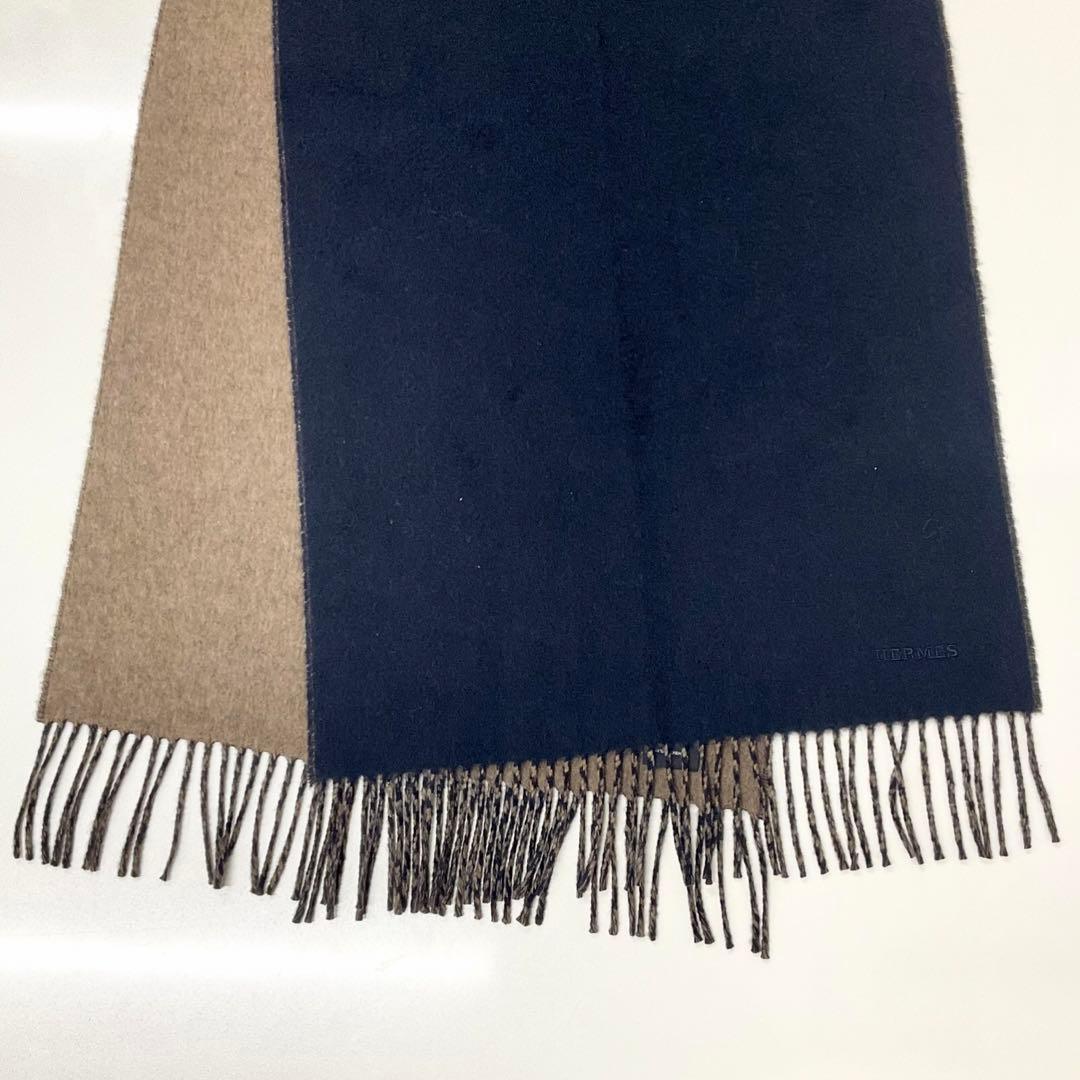 Hermes Logo Double Face Cashmere Scarf Shawl Navy Brown — view 5