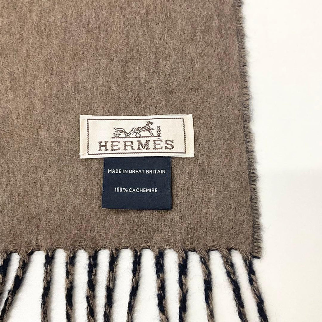 Hermes Logo Double Face Cashmere Scarf Shawl Navy Brown — view 6