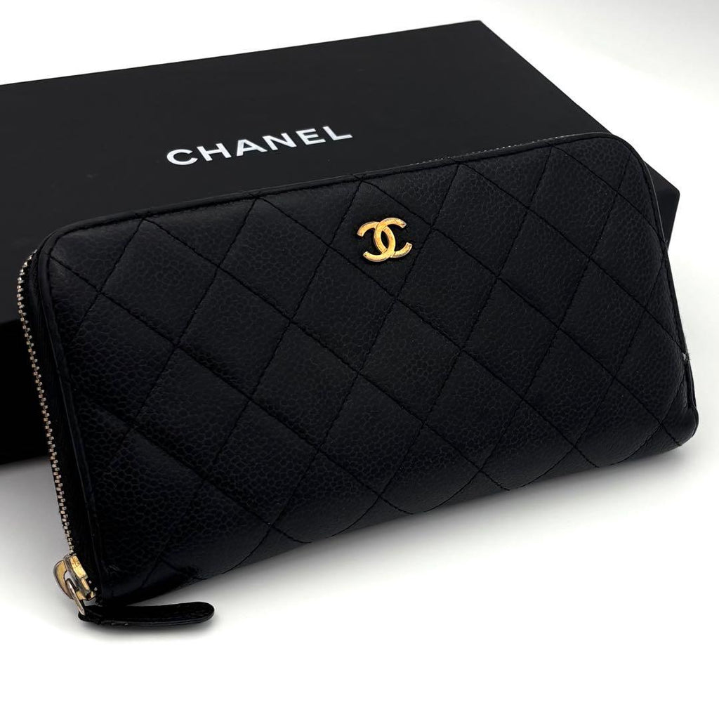 Chanel Quilted Caviar Leather Zip Around Wallet Black