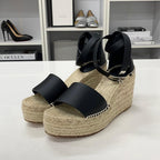 Hermes Tipoli Leather Kelly Wedge Sole Sandals Black — view 3