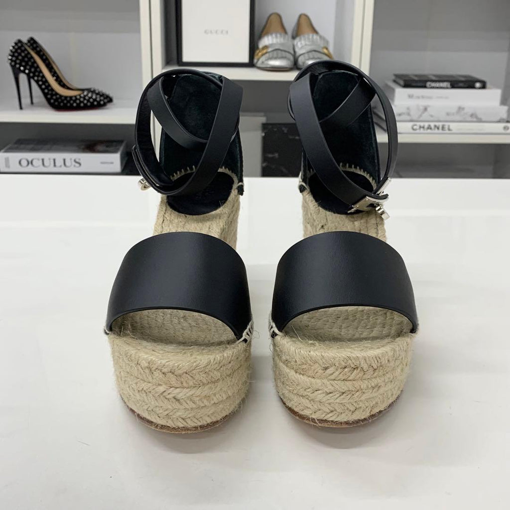 Hermes Tipoli Leather Kelly Wedge Sole Sandals Black — view 4