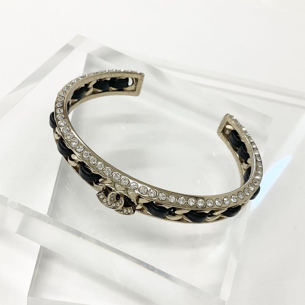 Chanel CC Logo Bangle Rhinestone Leather Bracelet Gold
