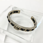 Chanel CC Logo Bangle Rhinestone Leather Bracelet Gold