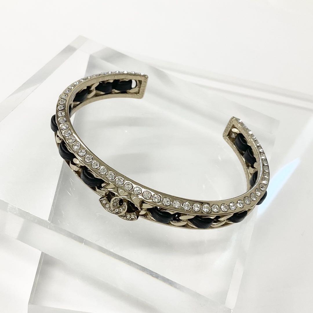 Chanel CC Logo Bangle Rhinestone Leather Bracelet Gold