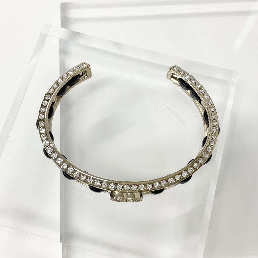 Chanel CC Logo Bangle Rhinestone Leather Bracelet Gold — view 2