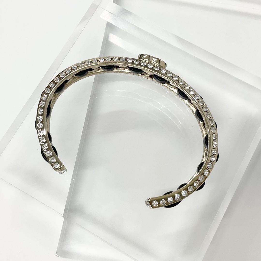Chanel CC Logo Bangle Rhinestone Leather Bracelet Gold — view 3