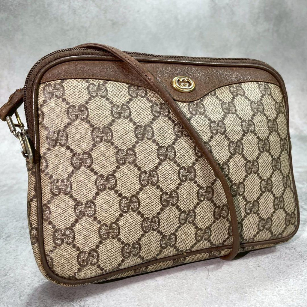 Gucci GG Shoulder Bag Brown Beige Leather Logo