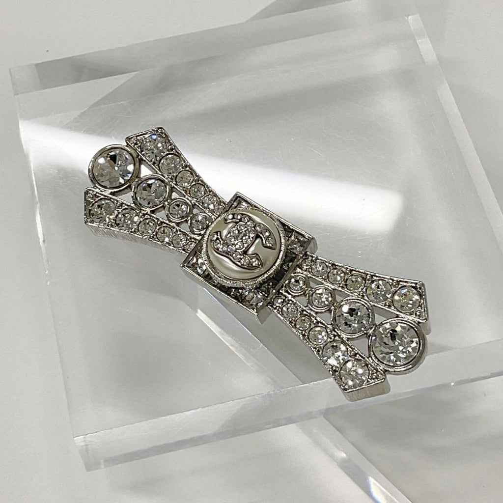 Chanel Brooch Coco Mark Rhinestone Ribbon Pearl Silver