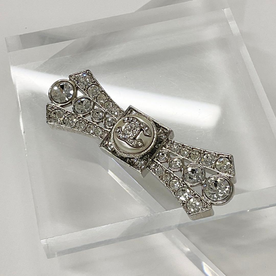 Chanel Brooch Coco Mark Rhinestone Ribbon Pearl Silver