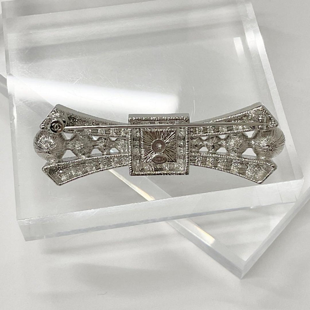 Chanel Brooch Coco Mark Rhinestone Ribbon Pearl Silver — view 3