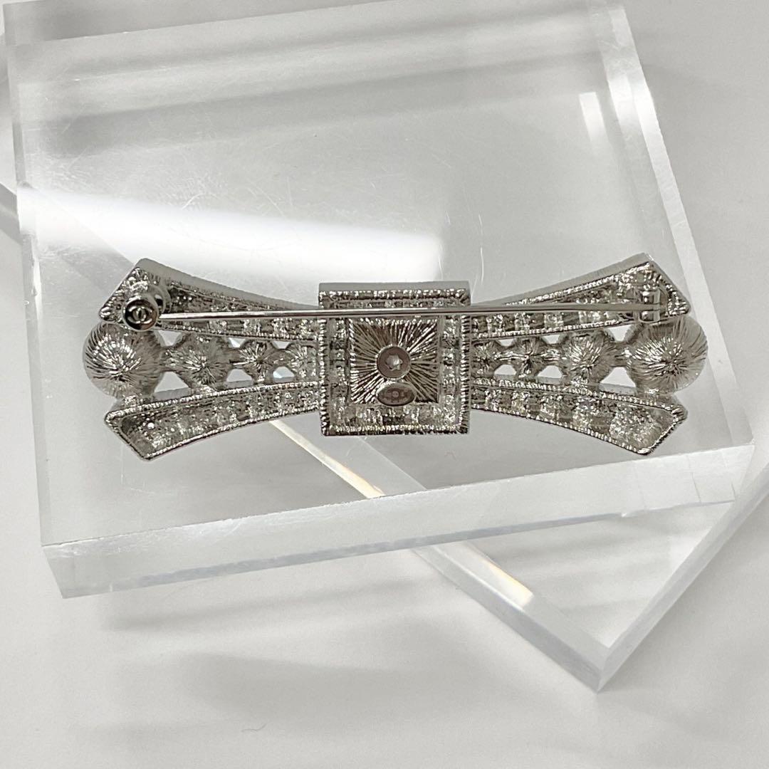 Chanel Brooch Coco Mark Rhinestone Ribbon Pearl Silver — view 3
