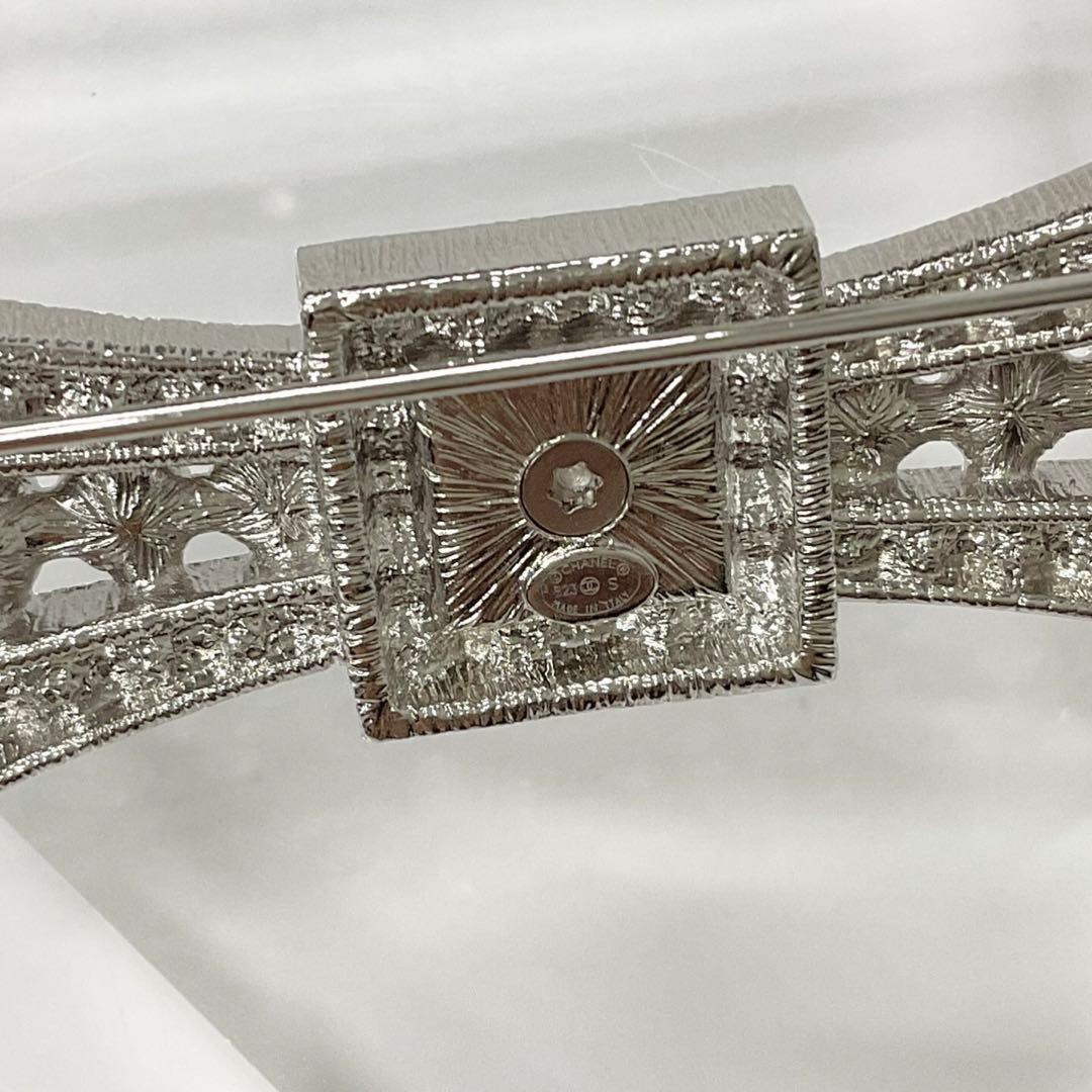 Chanel Brooch Coco Mark Rhinestone Ribbon Pearl Silver — view 5