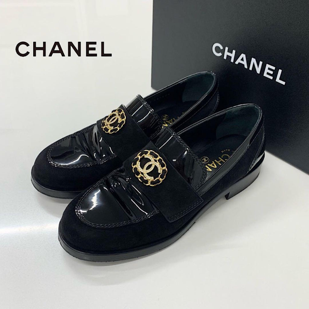 Chanel CC Logo Patent Suede Rhinestone Loafers Black