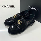Chanel CC Logo Patent Suede Rhinestone Loafers Black