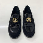 Chanel CC Logo Patent Suede Rhinestone Loafers Black — view 2