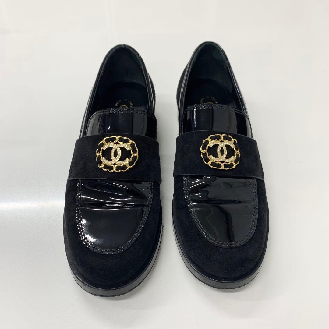 Chanel CC Logo Patent Suede Rhinestone Loafers Black — view 2