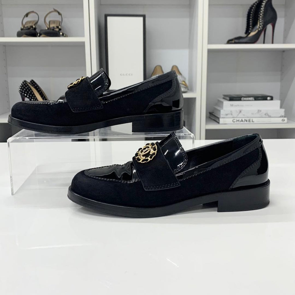 Chanel CC Logo Patent Suede Rhinestone Loafers Black — view 3