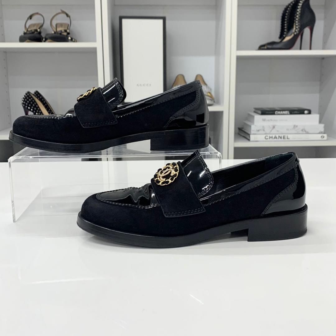 Chanel CC Logo Patent Suede Rhinestone Loafers Black — view 3