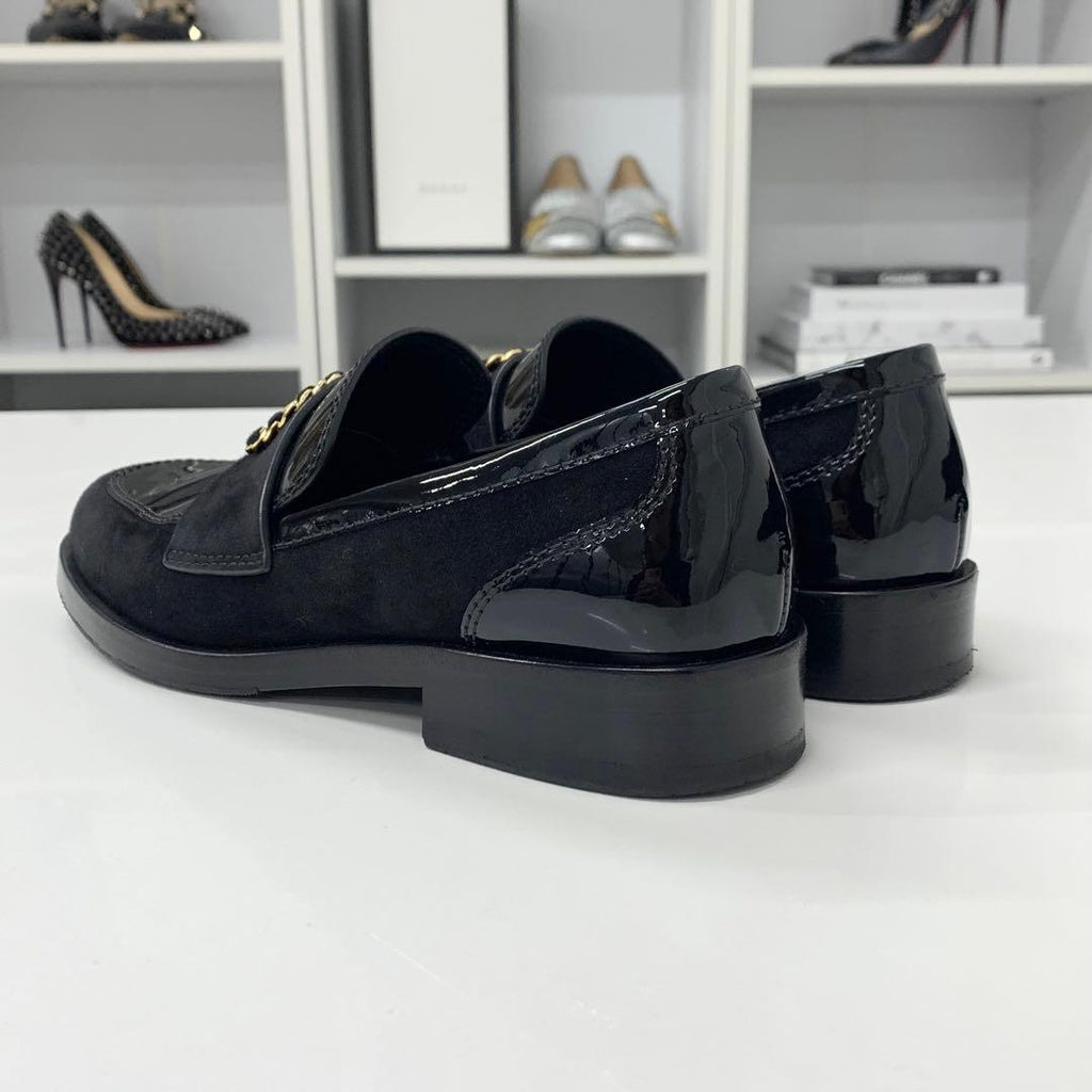 Chanel CC Logo Patent Suede Rhinestone Loafers Black — view 4