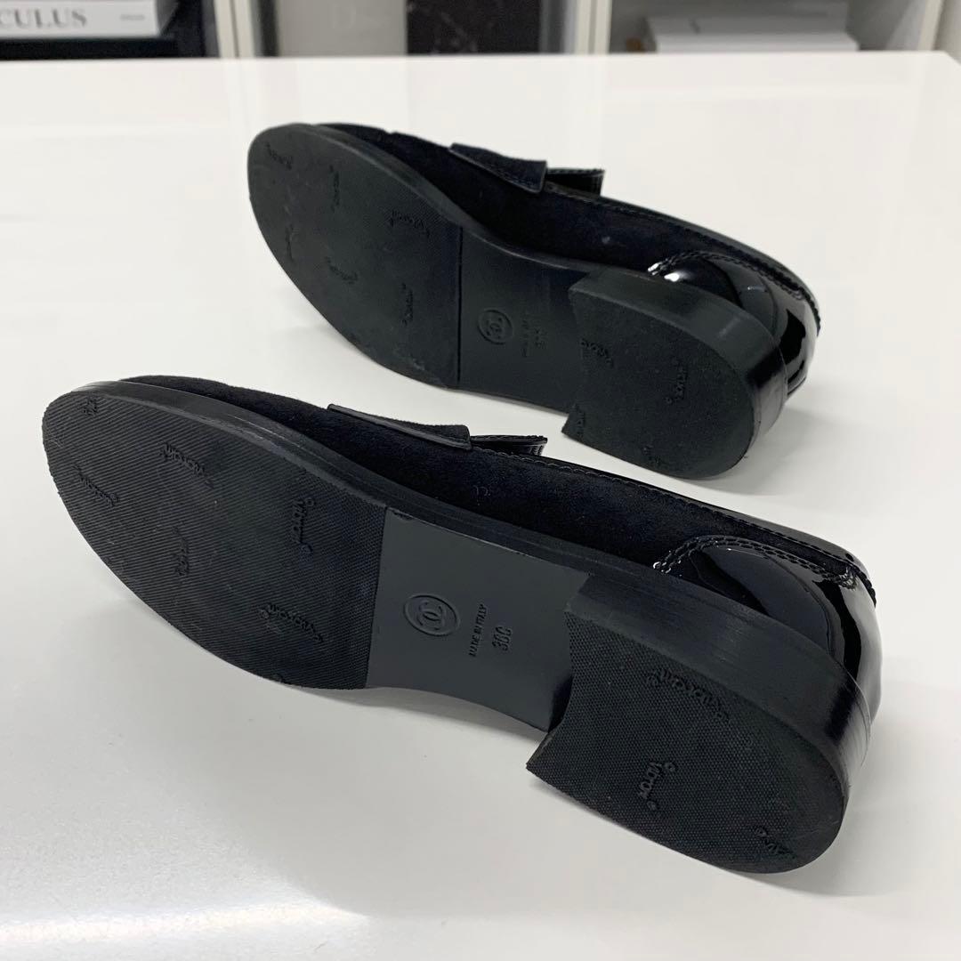 Chanel CC Logo Patent Suede Rhinestone Loafers Black — view 6