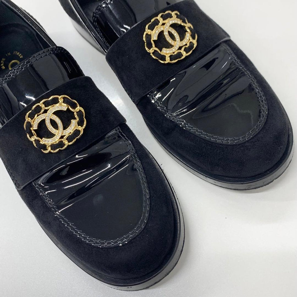 Chanel CC Logo Patent Suede Rhinestone Loafers Black — view 9