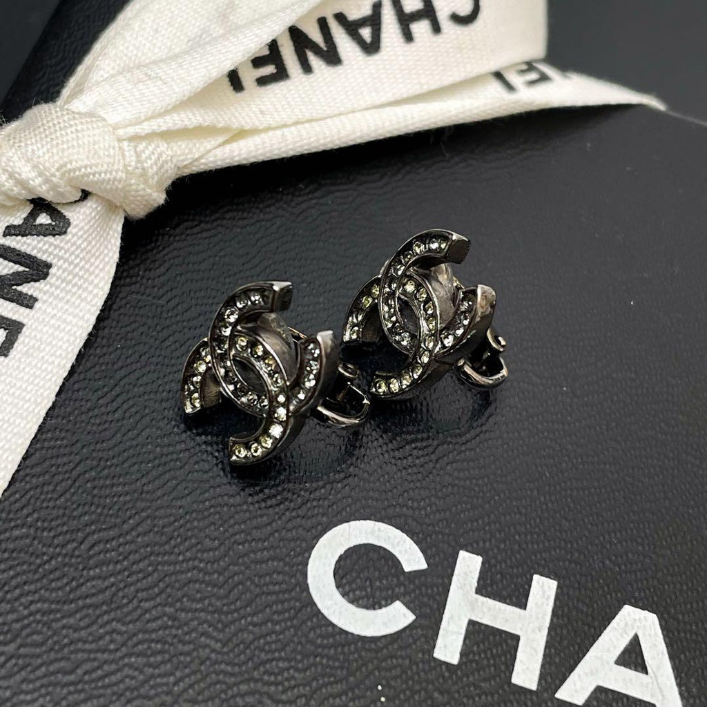 Chanel CC Logo Earrings Rhinestone Silver Icon