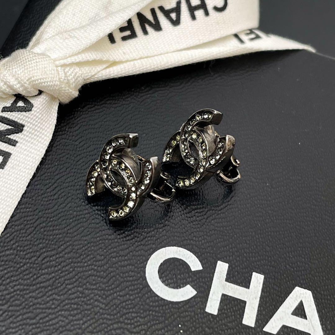 Chanel CC Logo Earrings Rhinestone Silver Icon