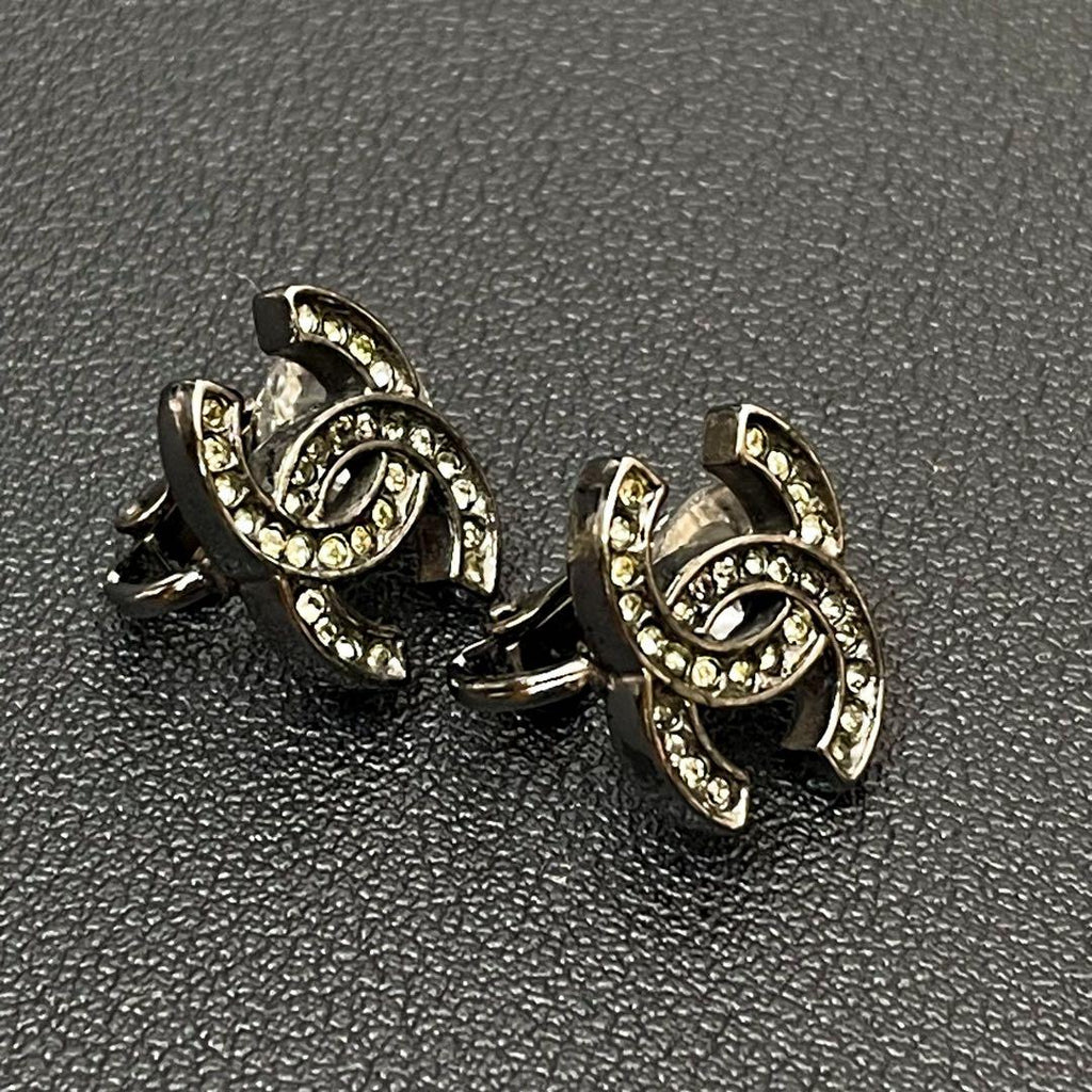 Chanel CC Logo Earrings Rhinestone Silver Icon — view 3