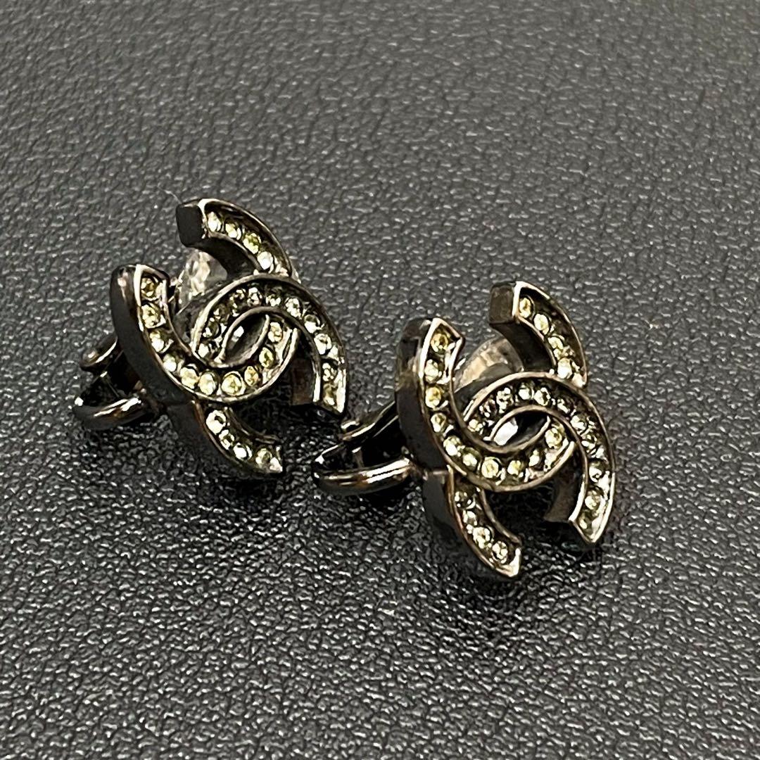 Chanel CC Logo Earrings Rhinestone Silver Icon — view 3