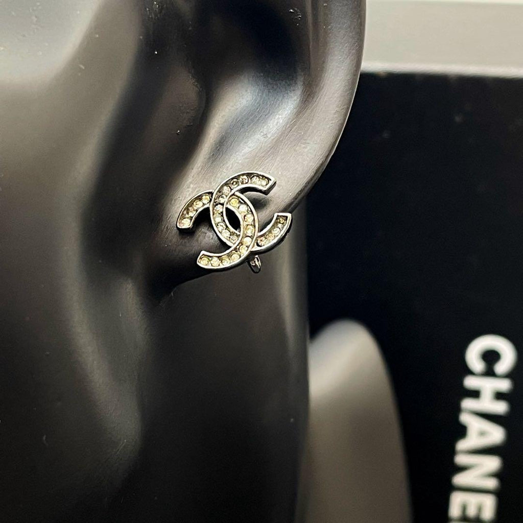 Chanel CC Logo Earrings Rhinestone Silver Icon — view 8