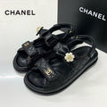 Chanel CC Logo Quilted Camellia Rhinestone Leather Sandals