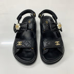 Chanel CC Logo Quilted Camellia Rhinestone Leather Sandals — view 2