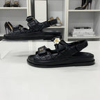 Chanel CC Logo Quilted Camellia Rhinestone Leather Sandals — view 3