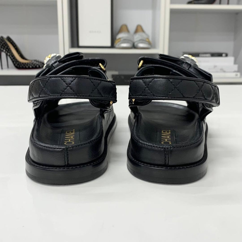 Chanel CC Logo Quilted Camellia Rhinestone Leather Sandals — view 5