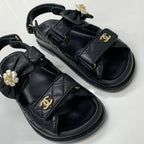 Chanel CC Logo Quilted Camellia Rhinestone Leather Sandals — view 9
