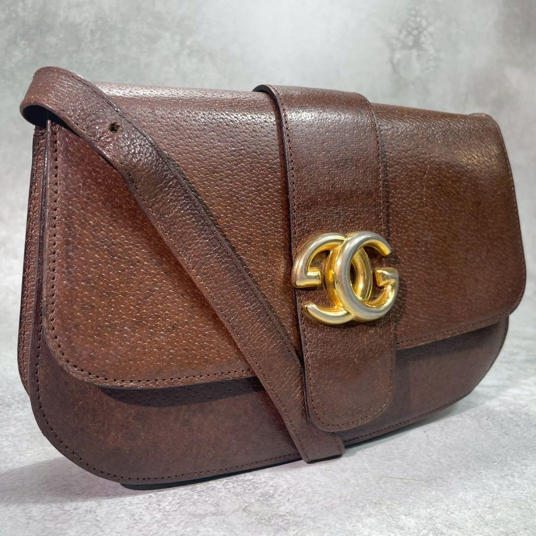 Gucci Shoulder Bag Brown Leather Logo Gold