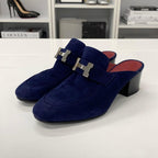 Hermes Paradis Suede Sandals Mules Navy — view 3
