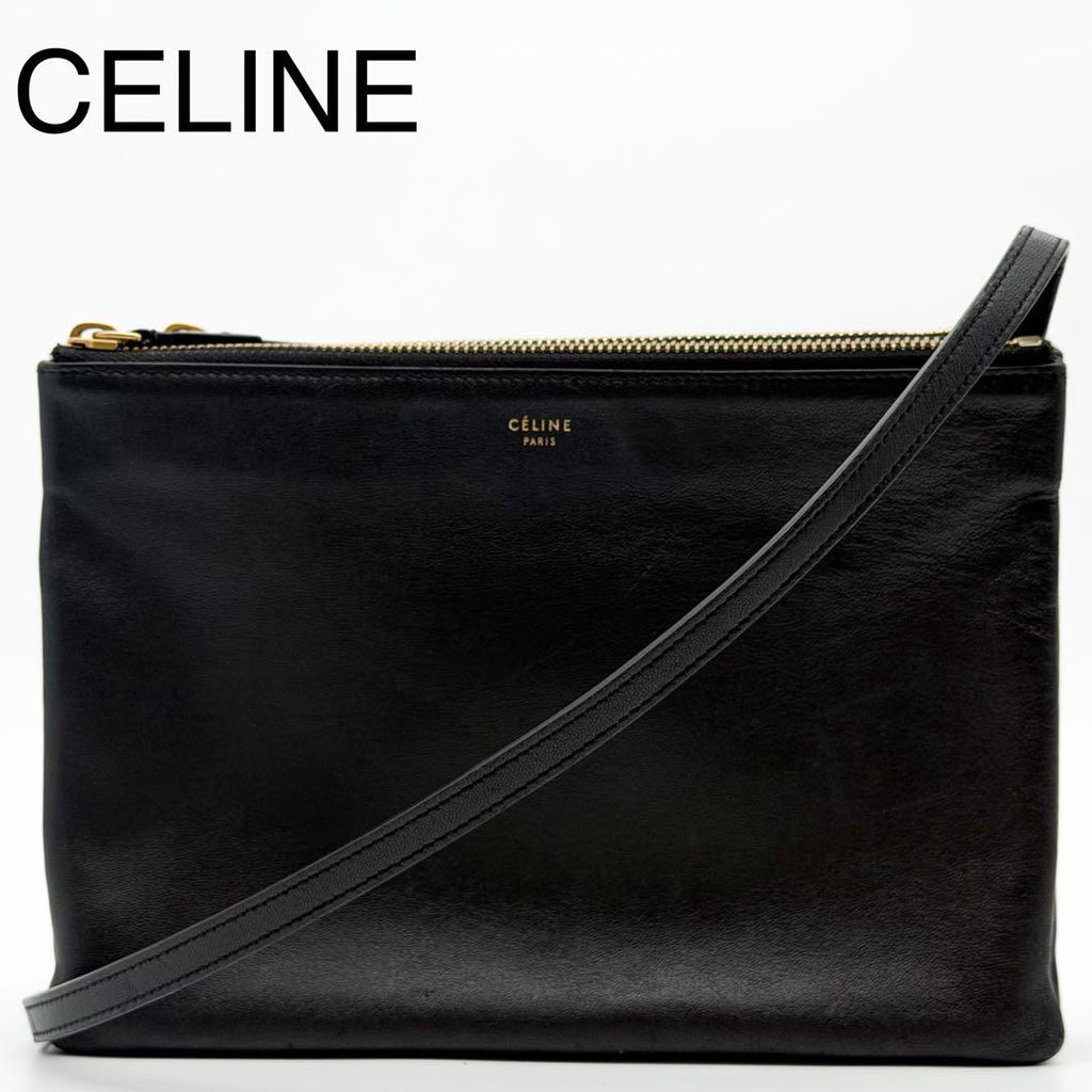 Celine Trio Large Shoulder Bag Black Leather Clutch